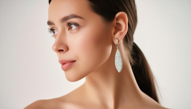 Close up of brunette beautiful woman wearing shiny diamond earrings on white