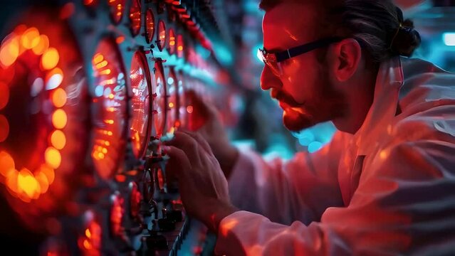 Computer data science engineer work with a futuristic glowing quantum computer unit. Technology and science concept