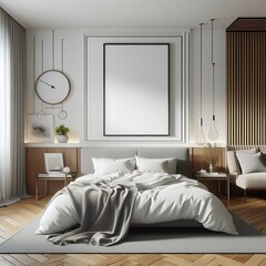 A bed in bedroom style interior set design have mockup poster empty white with and A chair and poster mockup creative.