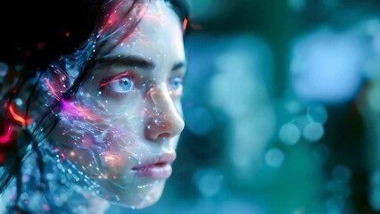 Woman is connected to AI and cyborg technology, futuristic biology, integration with artificial intelligence. Human biology in biotechnological innovations