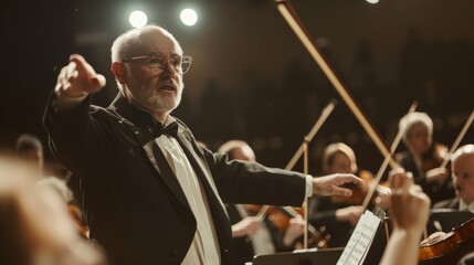 A conductor in a tuxedo leads an orchestra in a concert hall, his expressive gestures guiding the...
