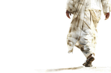 Hyper realistic watercolor of Jesus in white robe walking. Minimalist lines, neutral tones, white background