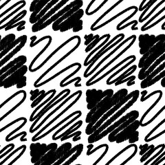 Hand drawn ink seamless pattern.Black and white collage of squares  with a brush stroke pattern. Monochrome geometric tiled background. Great for textile, fabric, wallpaper, wrapping and packaging