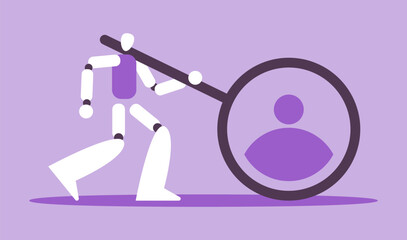 Hiring banner. Robot HR searching for employees online. Work searching. Flat vector illustration.