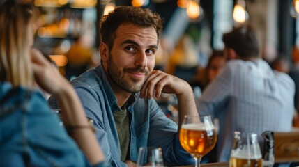 A man sits at a table in a bar, enjoying a glass of beer. He appears to be having a good time, as he smiles and looks around at the other patrons
