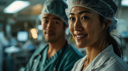 Fototapeta premium Confident Surgical Team of Asian Descent in Hospital Operating Room