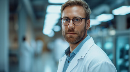 Obraz premium Serious male researcher with glasses in laboratory. Professional scientist portrait with blurred lab equipment in background