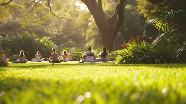 A serene outdoor yoga class in progress, with individuals practicing poses on mats in a lush garden during golden hour. AIG41