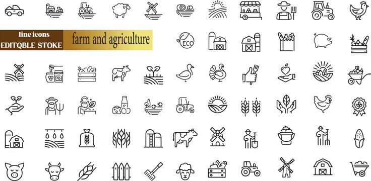 animal, icon, bee, barn, livestock, iconography, pictogram, fish, milk, line, vegetables, horse, fruits, farm, honey, bread, agriculture, meat, set, natural, deer, eco, farming, flour, machine, greenh