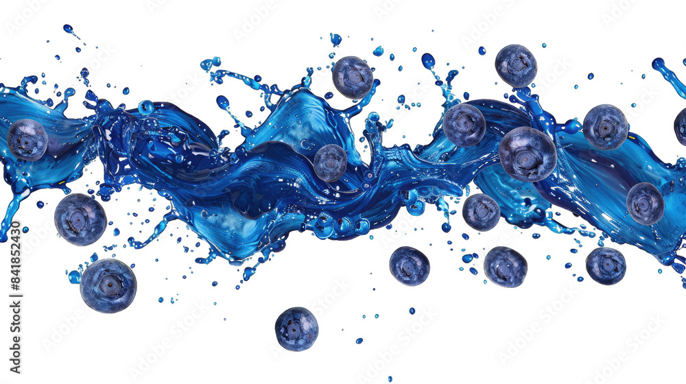 Poster dynamic splash of blue liquid with floating spheres on transparent background