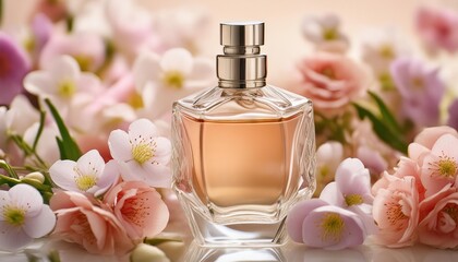  A bottle of luxury perfume surrounded by delicate flowers on a soft pastel background, close-up