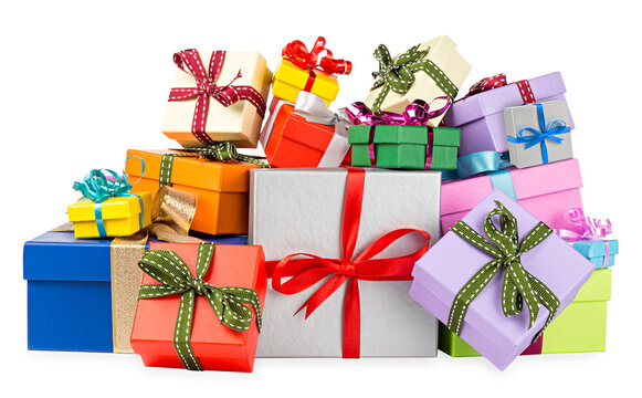 many colorful birthday various gift box pile isolated on white background. celebration holiday christmas present concept