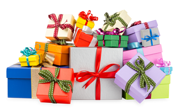 many colorful birthday various gift box pile isolated on white background. celebration holiday christmas present concept