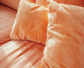 Peachcolored throw pillows on a couch, creating a cozy and elegant living room atmosphere