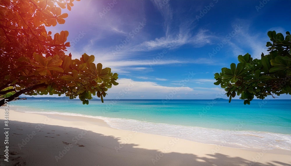 Wall mural beautiful tropical beaches and sea with blue background beach on bright blue sky background copying space panorama