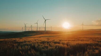 Obraz premium Green energy windmills in a field, sustainable electricity production, bright and eco-friendly landscape