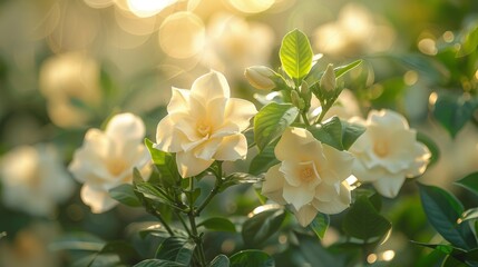 Serene White Gardenias in Vivid Sunlight Double Exposure Silhouette - Copy Space Floral Beauty with Landscape Overlay