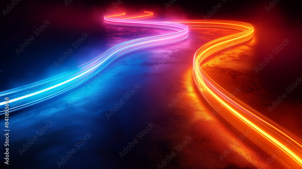 Poster dynamic interplay of light and shadow, with two contrasting neon streaks: a vibrant blue on the left