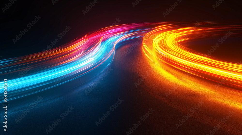 Poster dynamic interplay of light and shadow, with two contrasting neon streaks: a vibrant blue on the left