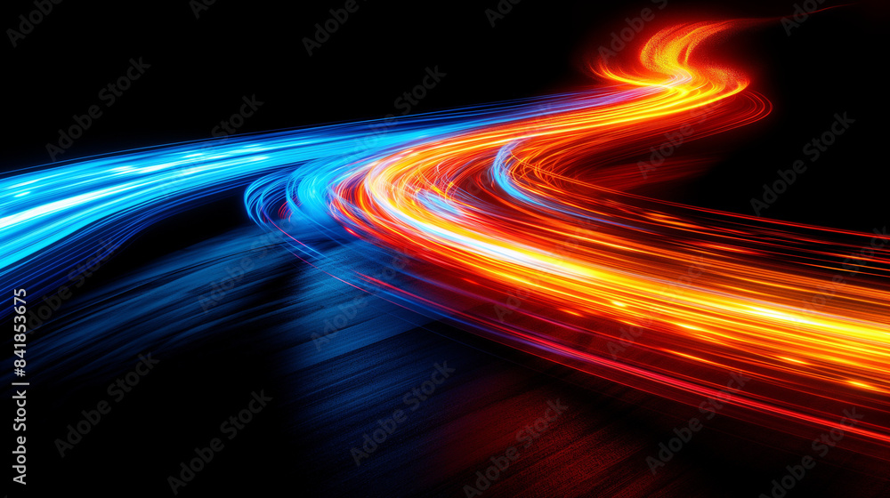 Poster dynamic interplay of light and shadow, with two contrasting neon streaks: a vibrant blue on the left