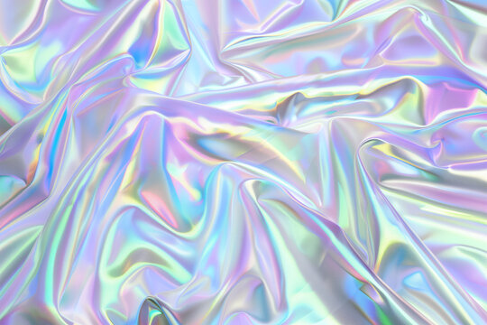 Texture di tessuto olografico iridescente piegato e drappeggiato, luminoso. 
