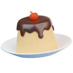 3d milk pudding with chocolate on top and cherries.