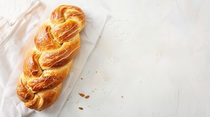 Overhead view of a beautifully braided bun, with ample white space for text, soft lighting, isolated on a light background, advertising ready