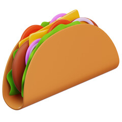 3d tacos with tortilla, lettuce, tomato, onion, cheese and meat.