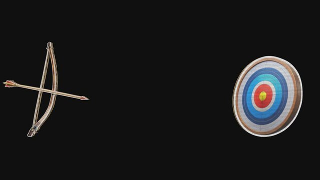 Wooden bow pulls the bowstring and shoots an arrow at a round multi-colored target. Concept of achieving success. Stop motion animation in Cardboard style on transparent background