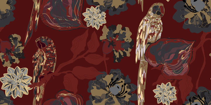 Macaws and flowers. Tropical exotic birds and plants. Vector seamless overlapping pattern.