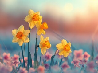 Morning Glow: Double Exposure of Vibrant Daffodil Flowers in Meadow with Copy Space for Text
