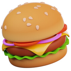 3d burger with lettuce, tomato, onion, cheese and meat.