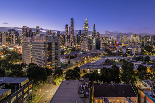 A view of clouds rolling over the Melbourne Skyline at night taken from South Melbourne.