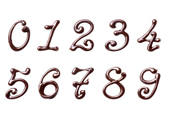 Hand drawn numbers with melted chocolate close up, isolated on a white background