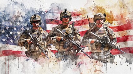 American military on the background of the flag, watercolor illustration.