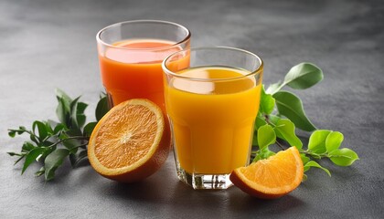 glasses of fresh juice on gray stone table