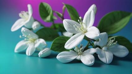 Fototapeta premium A bouquet of white Jasmine flowers with green leaves on a blue background.