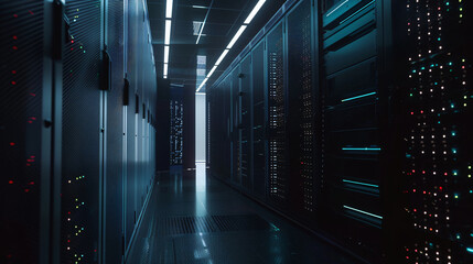 Fototapeta premium Multiple rows dark monochrome server room data center operational server racks telecommunications, cloud computing, artificial intelligence, database, super computer technology