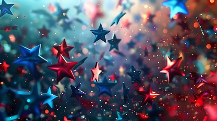 American holiday with colorful stars confetti, dynamic blue and red sparkles illustration,