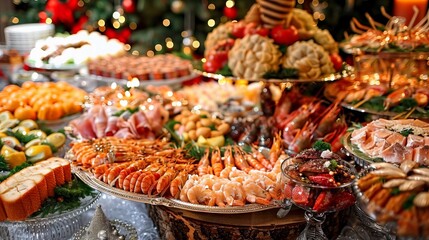 Fototapeta premium A variety of seafood, beautifully laid out on the table. In the foreground are shrimp, oysters, mussels and other seafood, neatly arranged on dishes. Concept: gala dinner, seafood, luxury treat, resta