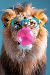 Naklejka premium Portrait of a cute lion blowing bubble gum