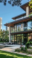 Fototapeta premium Urban Living Perfection: Contemporary Facade and Skyline Views at Exceptional Residence