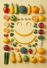 knolling that creates a smiley face of fruit and vegetables, minimalist, pale yellow background