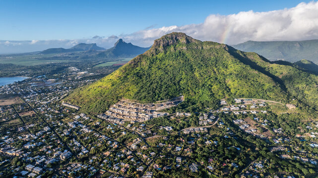 aerial landscape view of villages of La Preneuse, Black River and Tamarin, located at Tourelle du Tamarin mountain at Mauritius west coast - aerial view