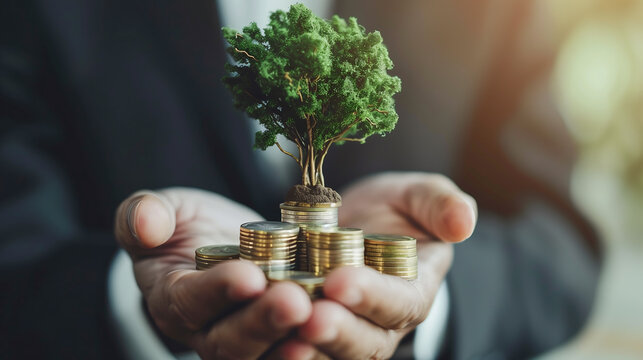 Business growth. Eco business investment concept. Hand holding coin with tree growing