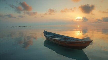 Naklejka premium Serene Sunrise Moment: Traditional Indonesian Wooden Boat on Calm Sea