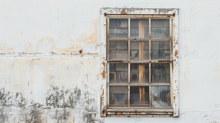 Aged windows displayed on a white wall