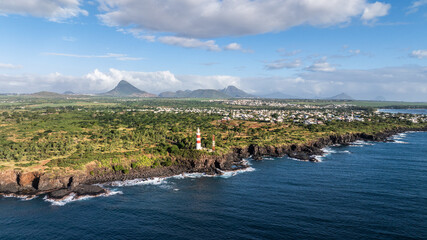 aerial landscape view of Mauritius west coast between Pointe aux Sables and Albion with deep cliffs...