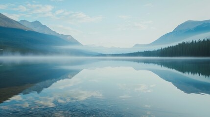 Fototapeta premium Tranquil Morning Reflections: Serene Mountain Lake at Dawn