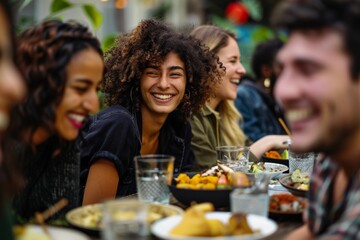 A group of friends from diverse backgrounds enjoying a potluck dinner, each bringing a dish that represents their cultural heritage.